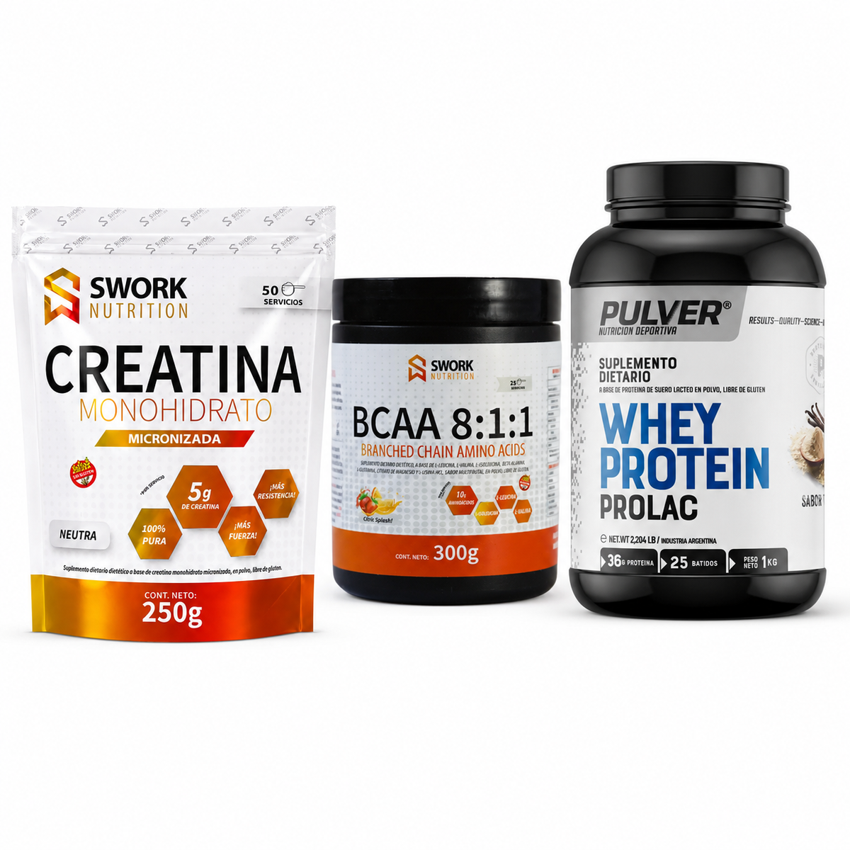 Combo creatina monohidrato + bcaa 8:1:1 + whey protein prolac